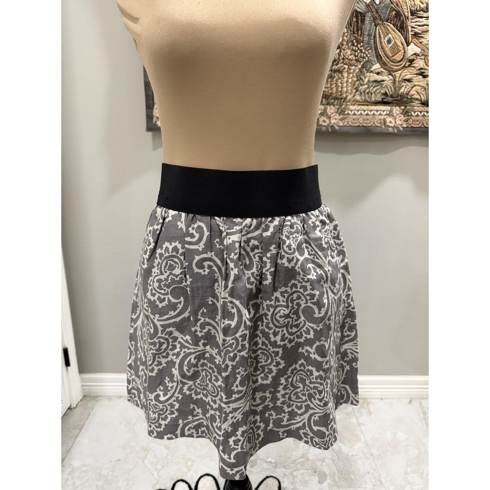 LOFT Skirt Womens 2 Gray Linen Floral Print A-Line Mini Elastic Waist Pockets